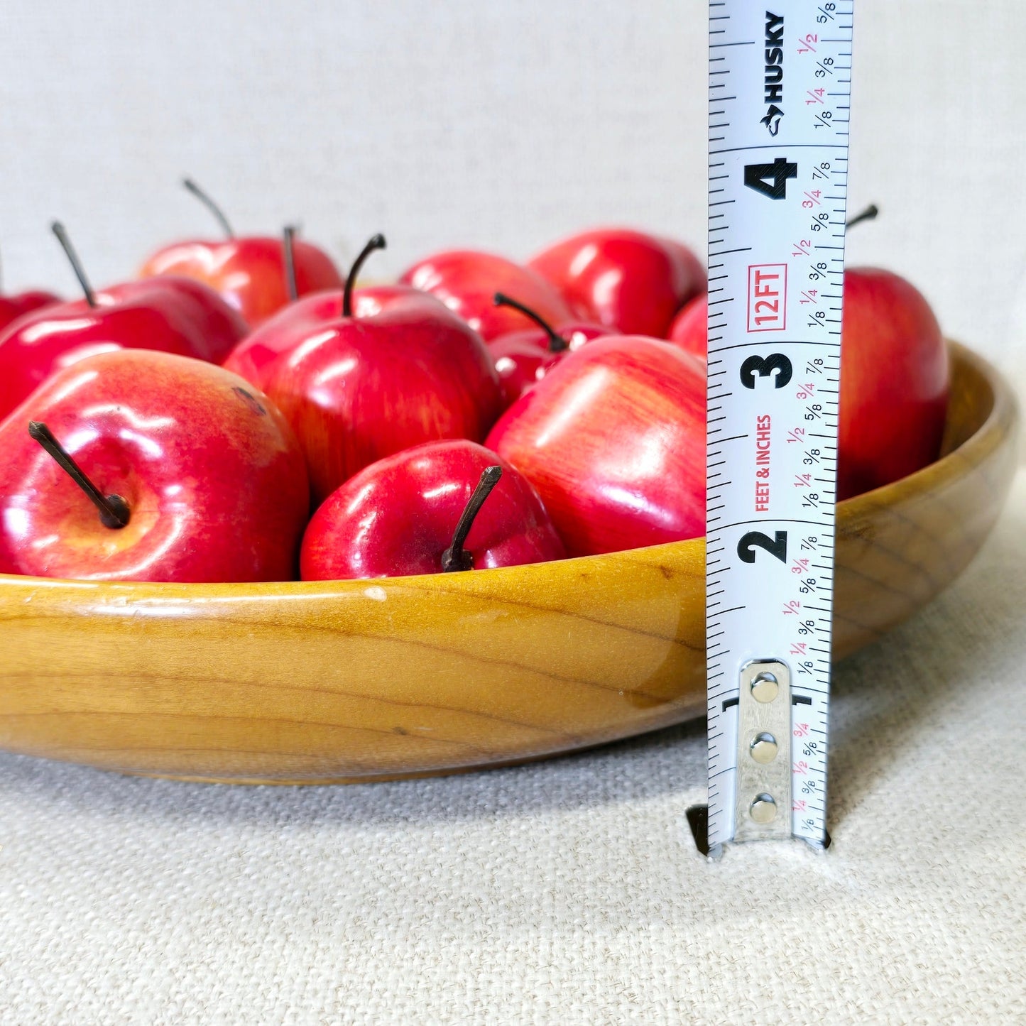 Large Vintage Shallow Bowl Filled With Vibrant Red Apples in Various Sizes