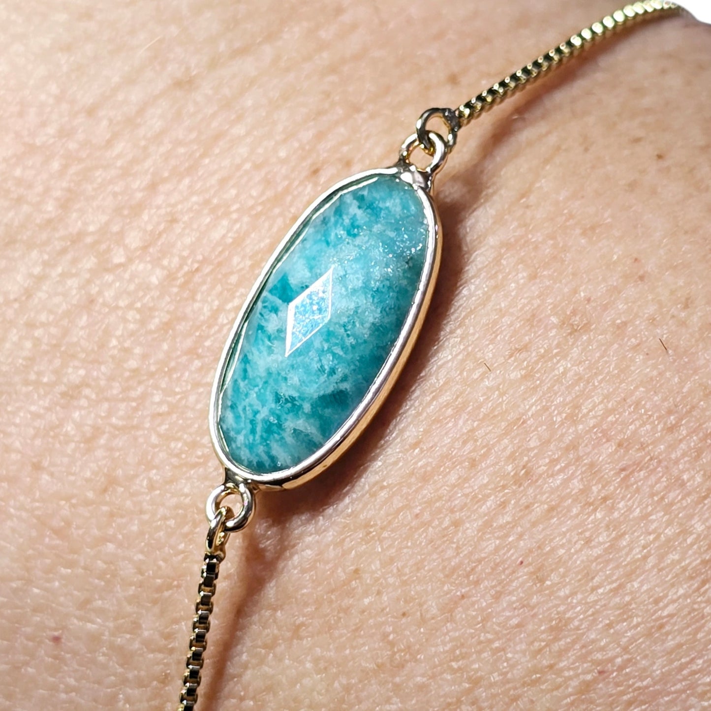 Faceted Amazonite Gold Tone Adjustable Bracelet