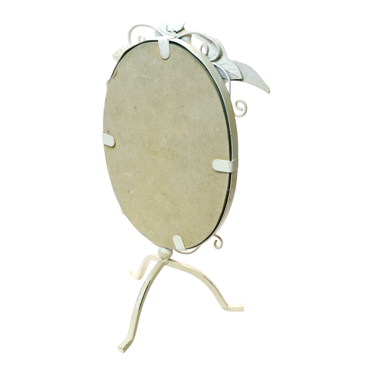 SICURA Italian Freestanding Vanity Mirror Cream Distressed Metal Oval Flower Bird AS IS