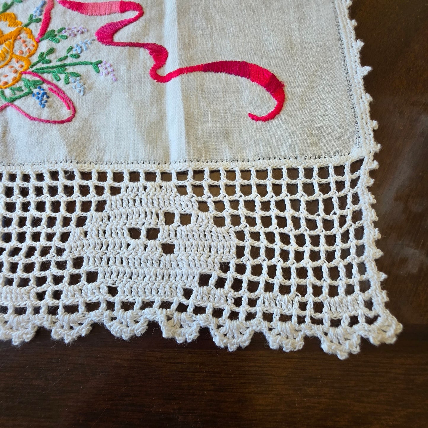 Vintage Floral Basket Embroidered Dresser Scarf Linen Runner Double Sided 32"