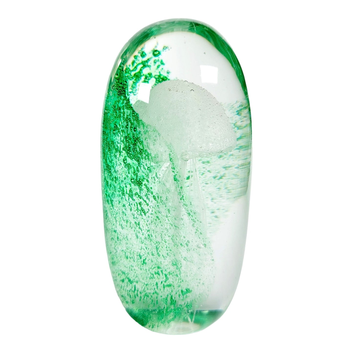 Green Art Glass Jellyfish Paperweight, Glows, Hand-Blown Art Glass Jellyfish