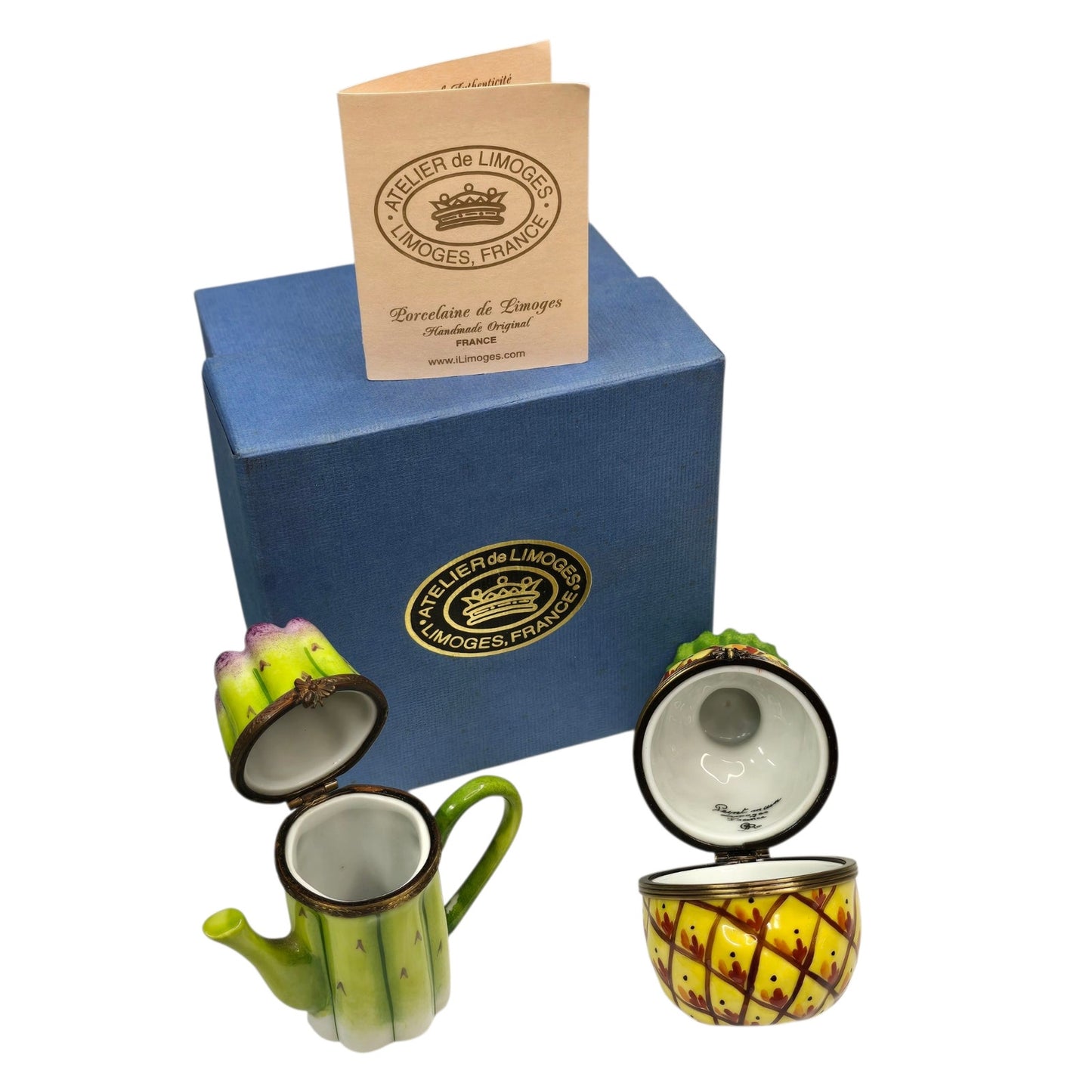 Limoges France Pineapple & Asparagus Trinket Box Set Atelier Box & Certificate