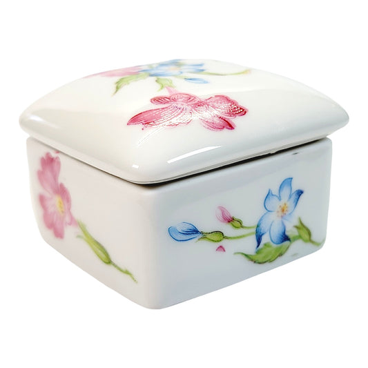 Small Trinket Box with Lid, Floral Pink and Blue Flowers, Marked Limoges