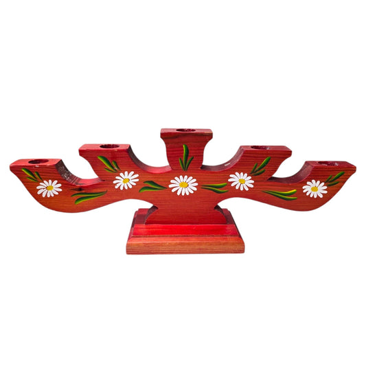 Vintage Sweden Wooden Candelabra Candle Holder Red Floral Hand Painted Folk Art