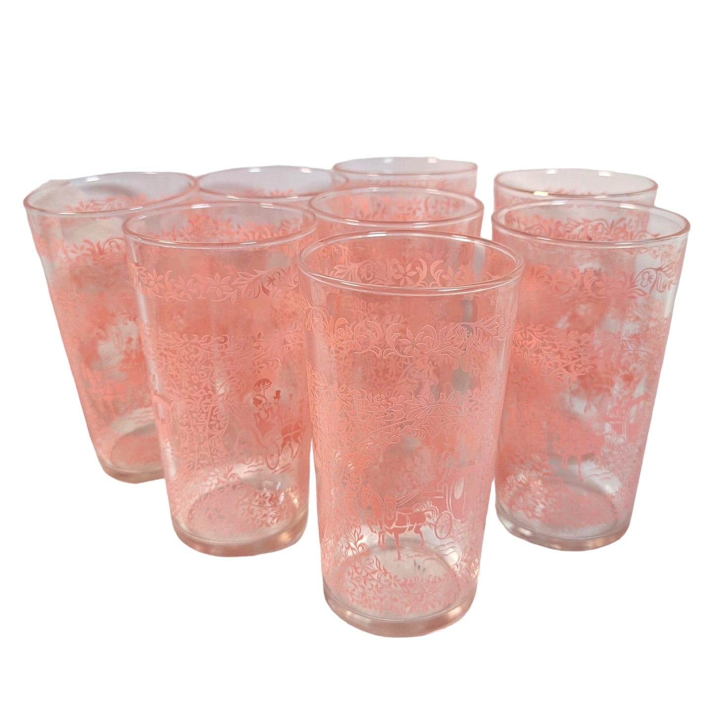 Set of 8 Hazel Atlas Monticello Pink Horse and Carriage Glass Tumblers 5"