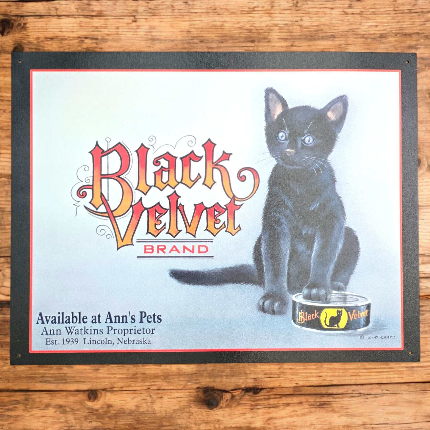 Vintage Black Velvet Brand Cat Food Metal Sign Advertisement 1998 Lynn Kaatz