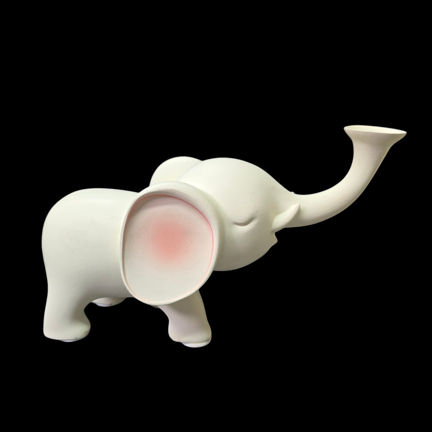 Smooth Satin Ceramic Elephant Figurine, Trunk Up  White and Pink Elephant