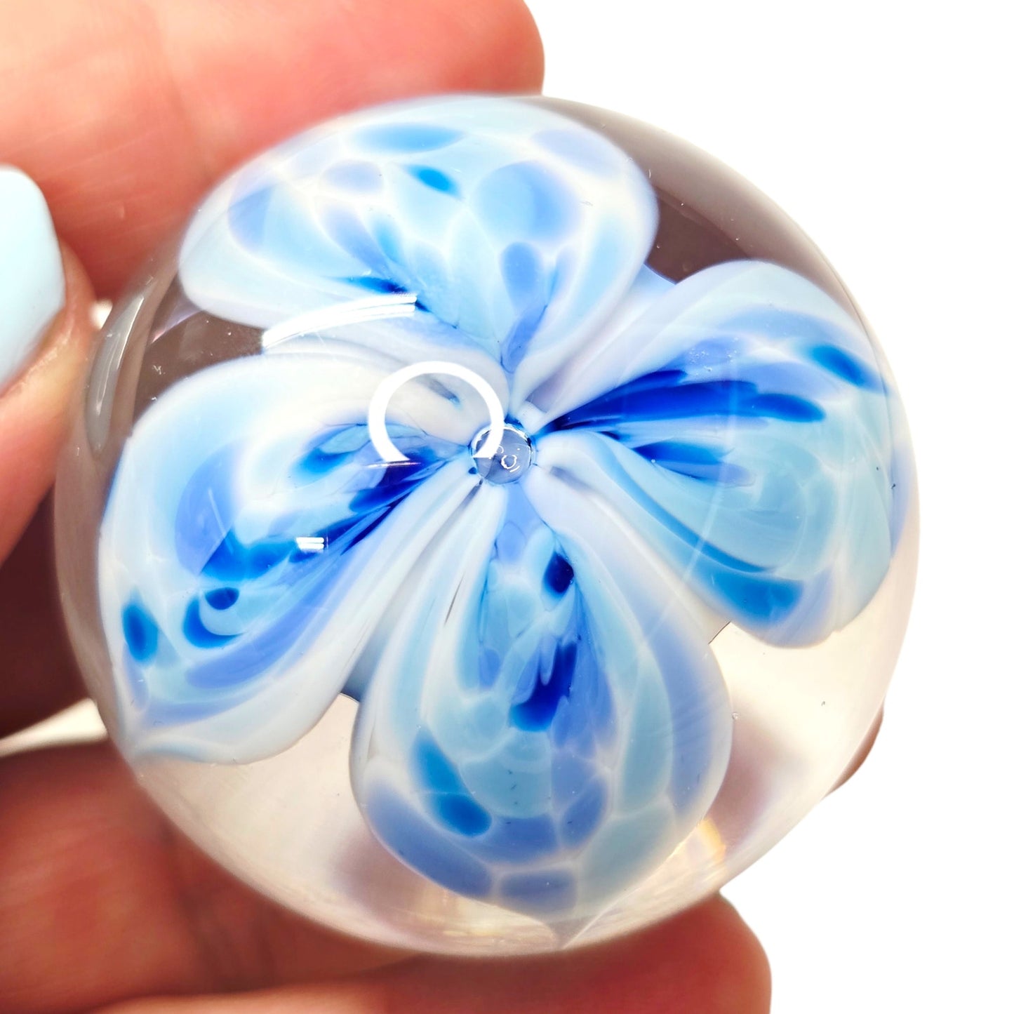 Signed Jodi Bove 1991 Art Glass Paperweight Blue White Floral Swirl Flower 2"