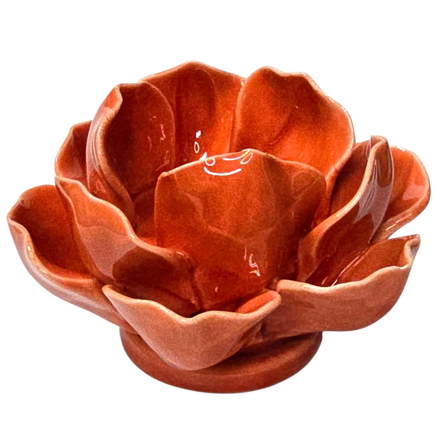 Vintage Poppy Orange Glazed Pottery Lotus Flower Candle Holder Tea Light Artisan