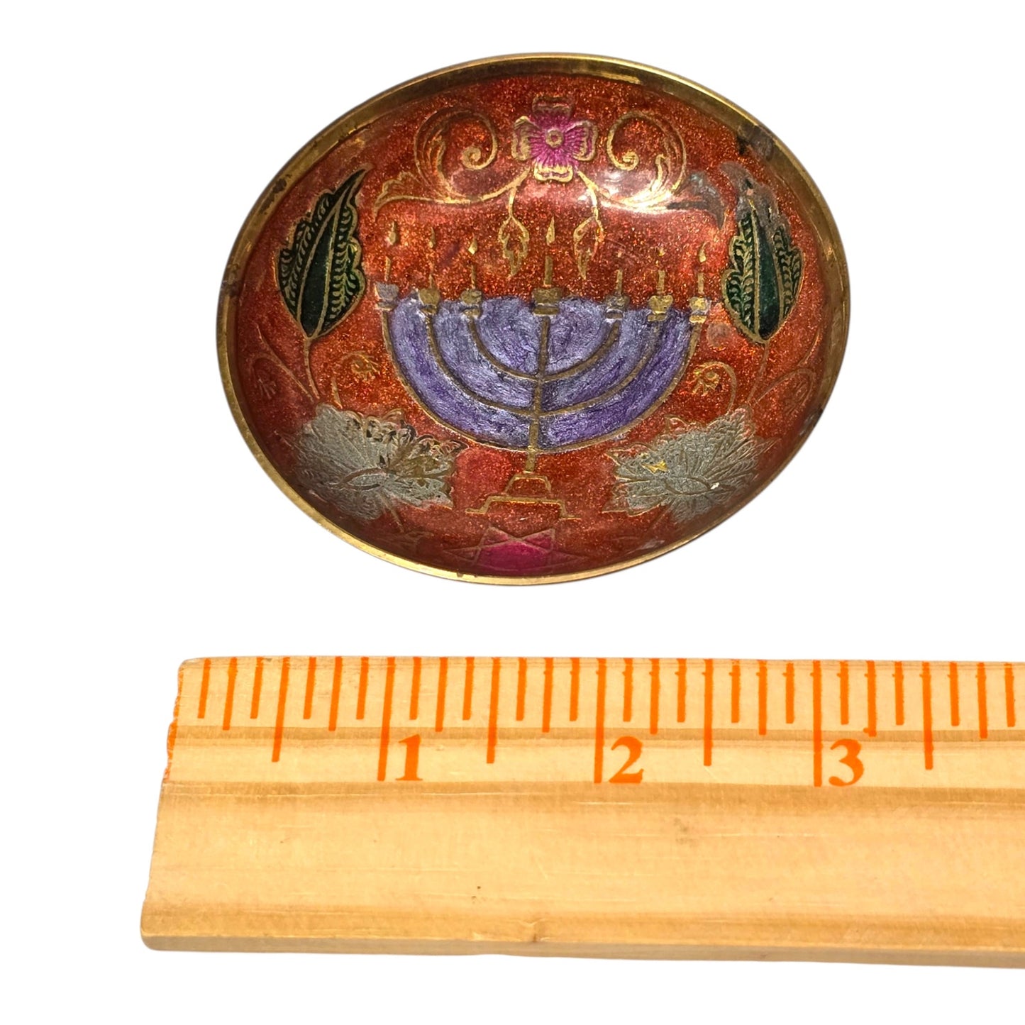 Vintage Brass Menorah Bowl Miniature Enamel Judaica Trinket Dish Israel