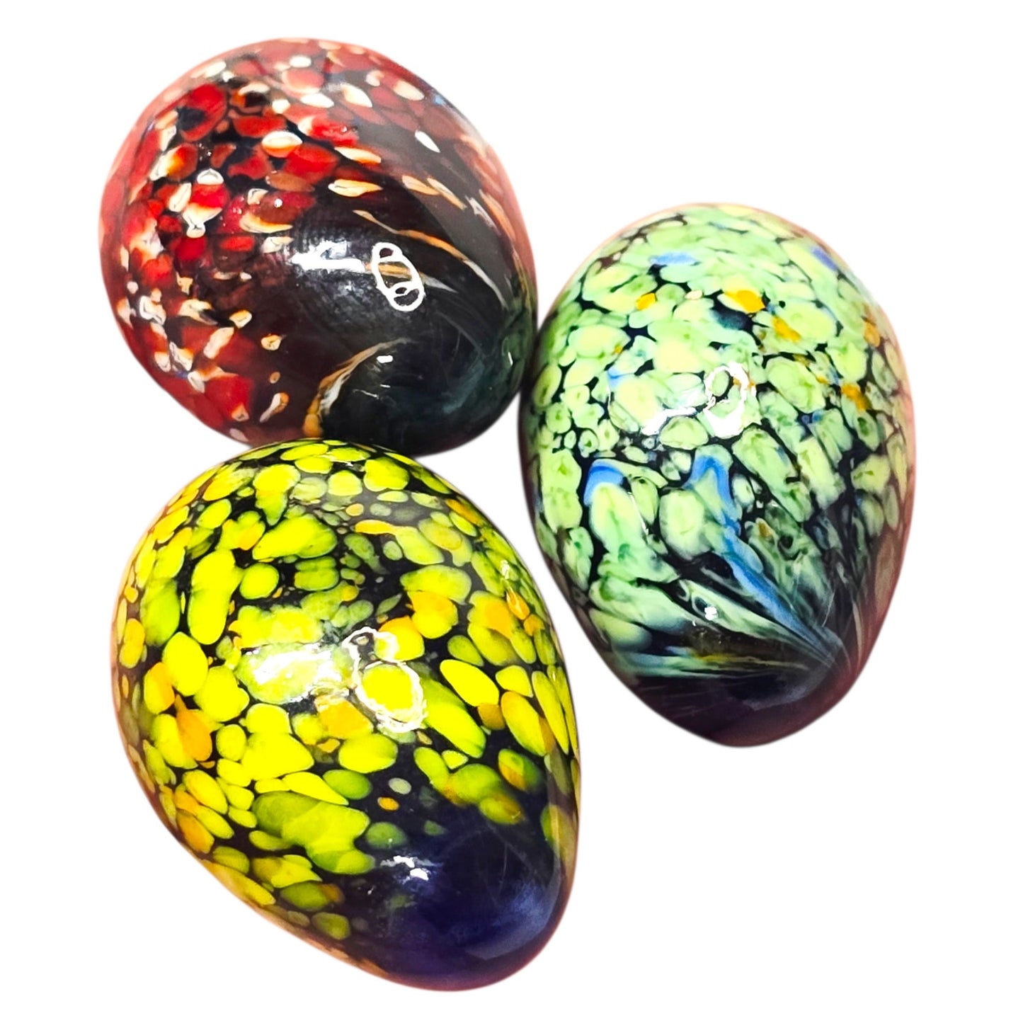Set of 8 Handblown Art Glass Eggs Colorful Artisan Glass Miniature Eggs w Basket