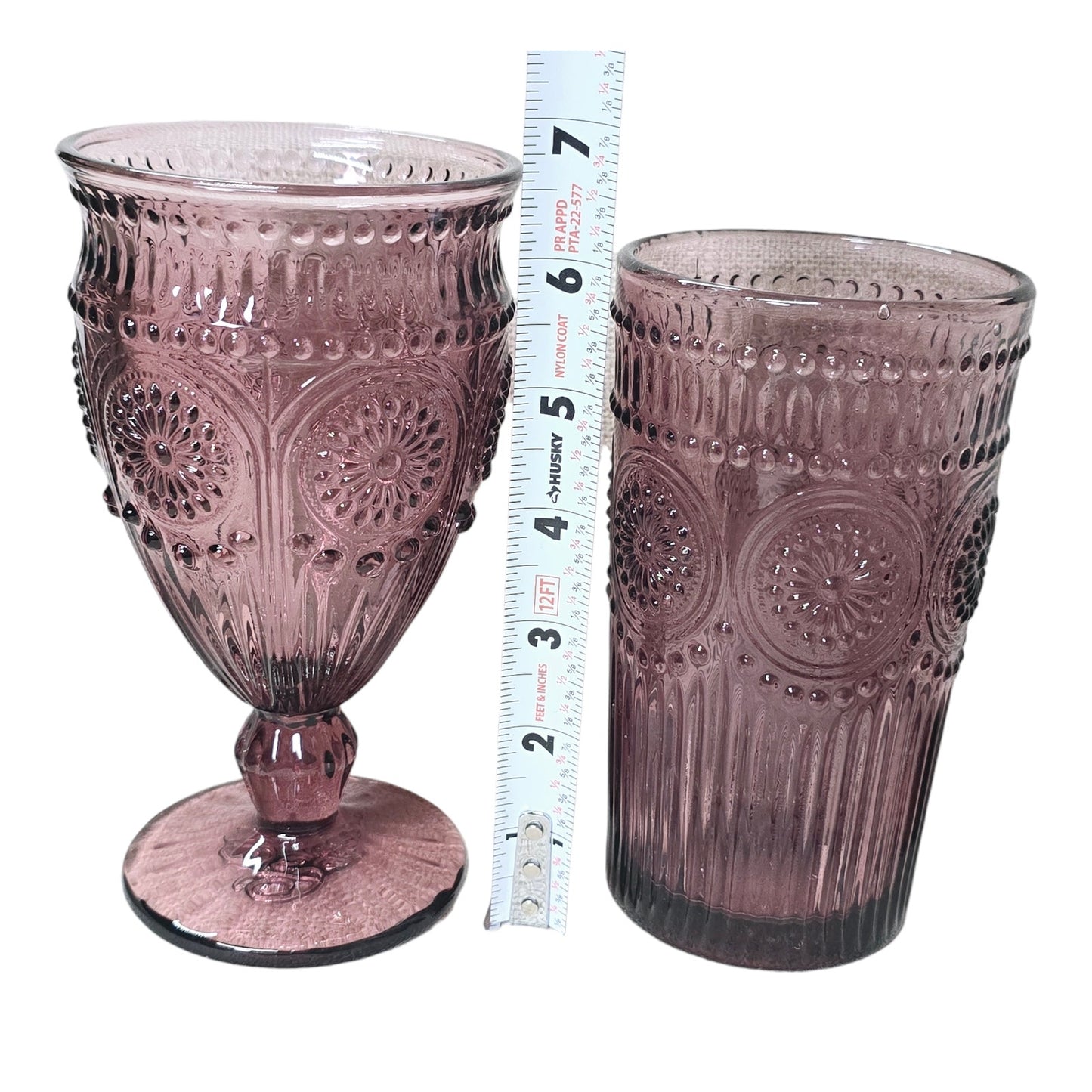 Pioneer Woman Plum Stemmed Glass Lot Raised Pressed Glass Goblet, Water Glass and Dessert Cup