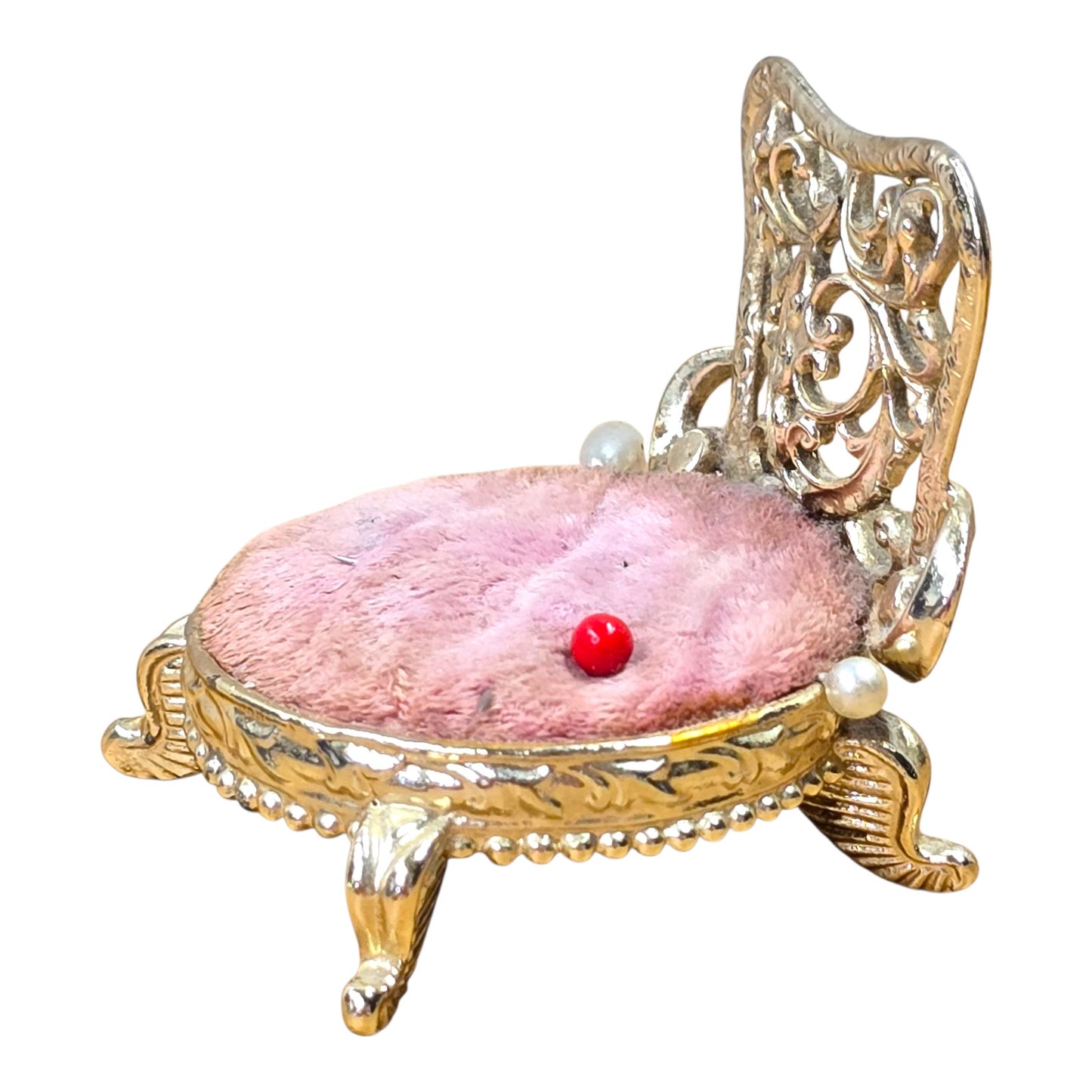 Vtg Sam Fink Miniature Chair Pin Cushion Ornate Gold Filigree Sewing Dollhouse