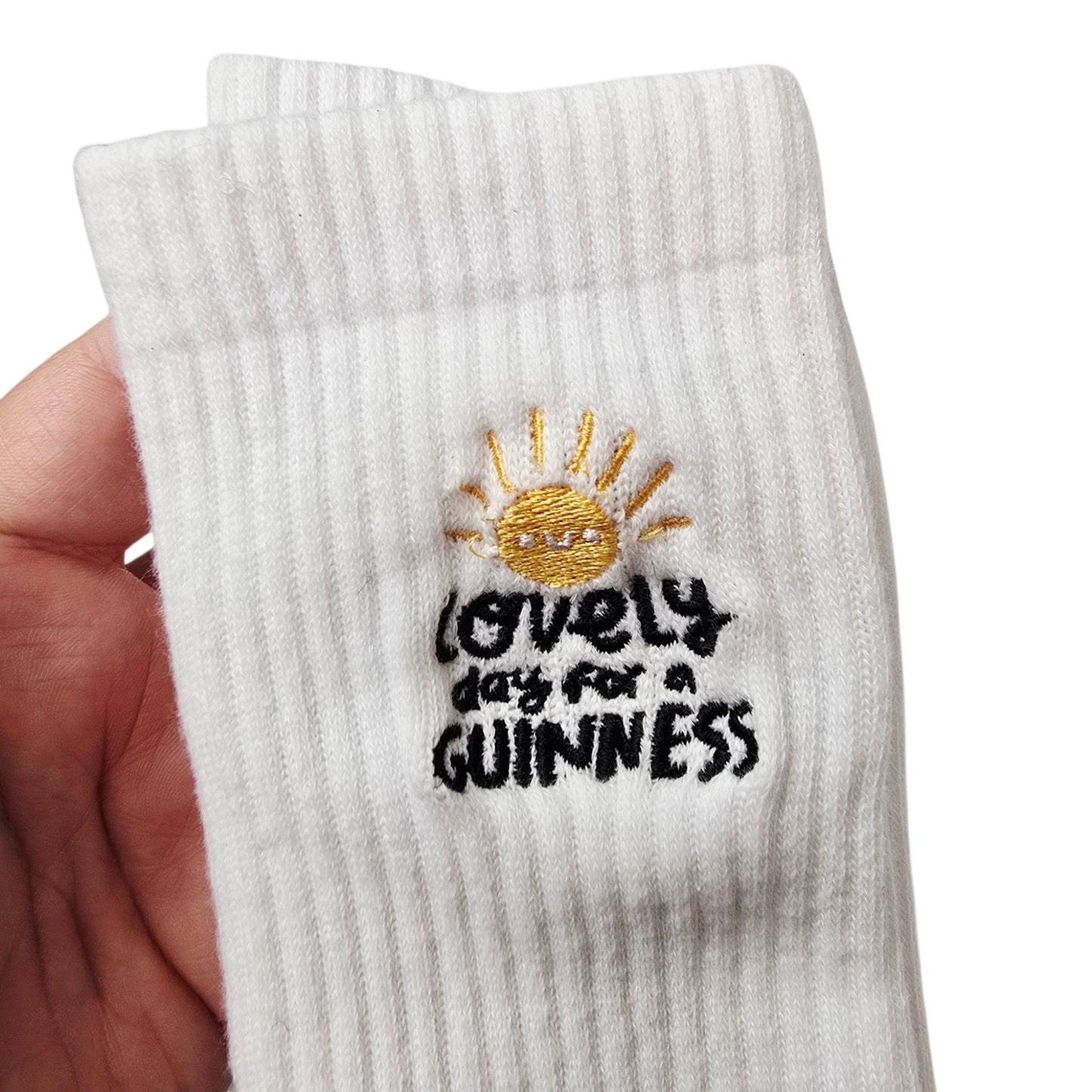Guinness x Fatti Burke Socks New White Crew Socks Lovely Day For A Guinness NWT