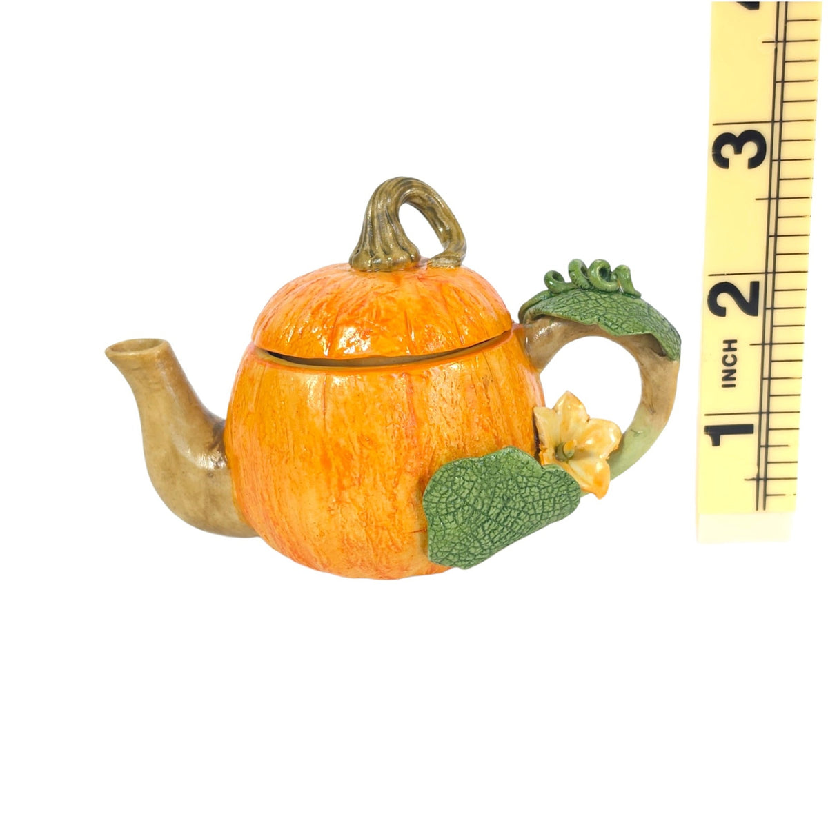 Khien Thailand Miniature Pumpkin Teapot Ceramic Flower Vine Handle Collectible