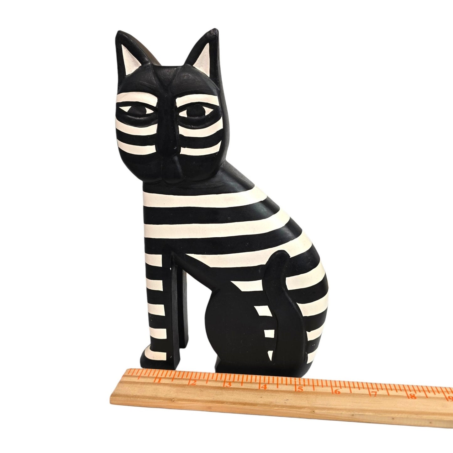 Vintage Hand-Painted Wooden Cat Figurine Tuxedo Folk Art Tall Hand Carved 9.75"