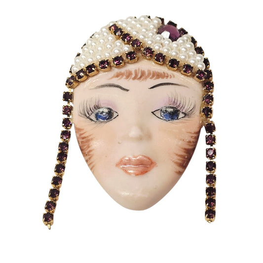 Vintage Art Deco Lady Face Brooch Signed Rhinestone Faux Pearl Flapper 1990 Pin