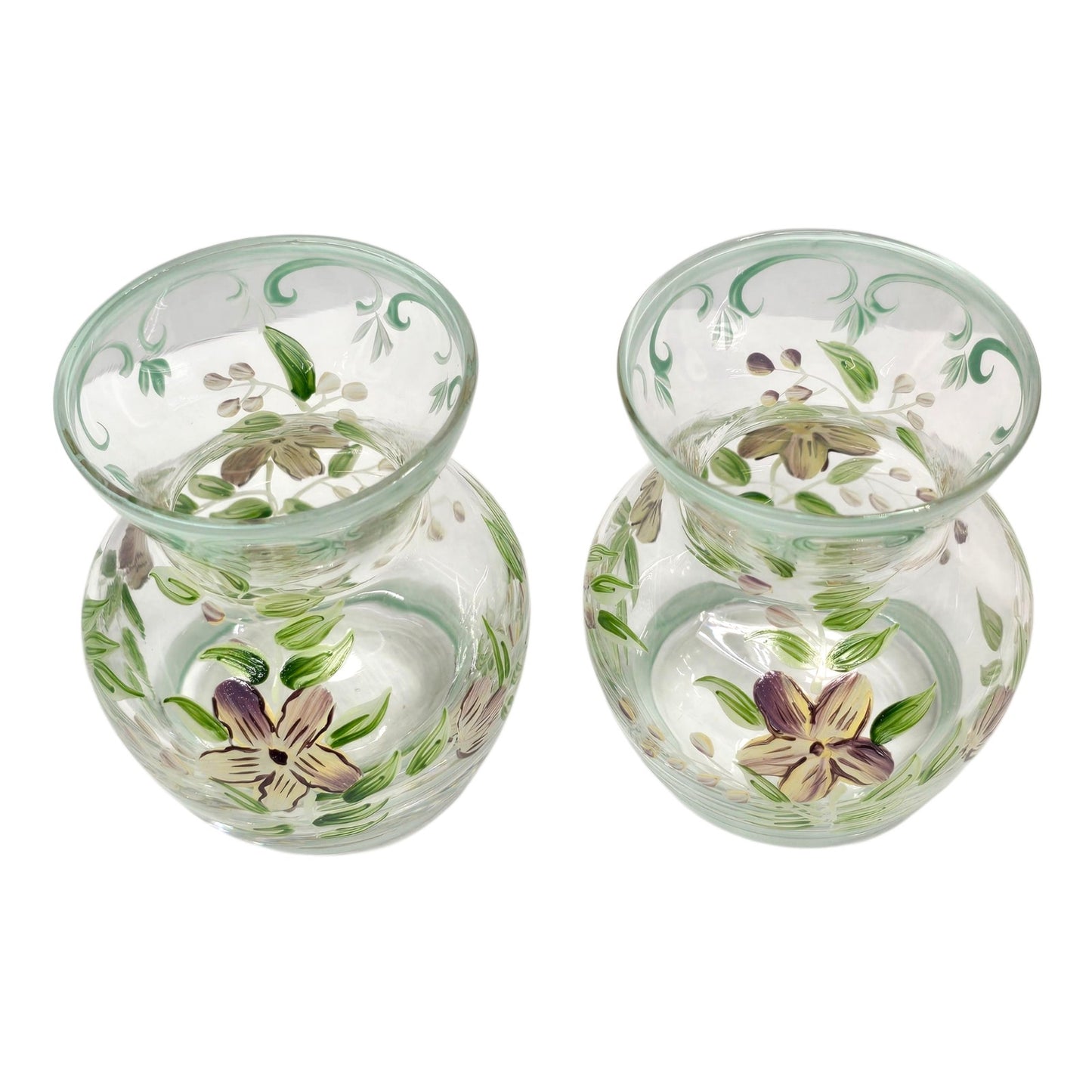 Vtg Hand Painted Floral Glass Vases Lot of 2 Clear Green Trim Small Bud