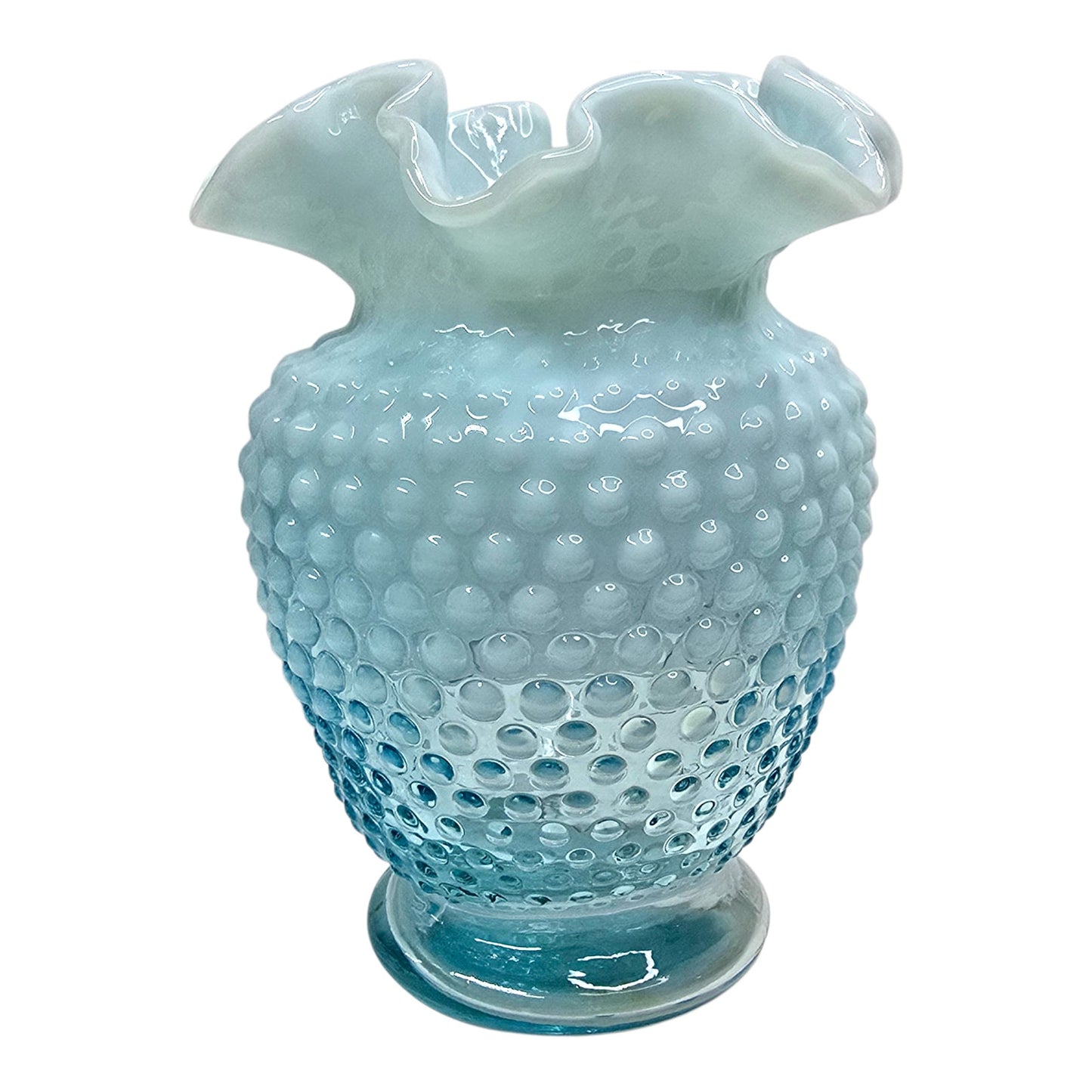 Fenton Aqua Blue Opalescent Hobnail Vase Uranium Reactive Ruffled Top Art Glass