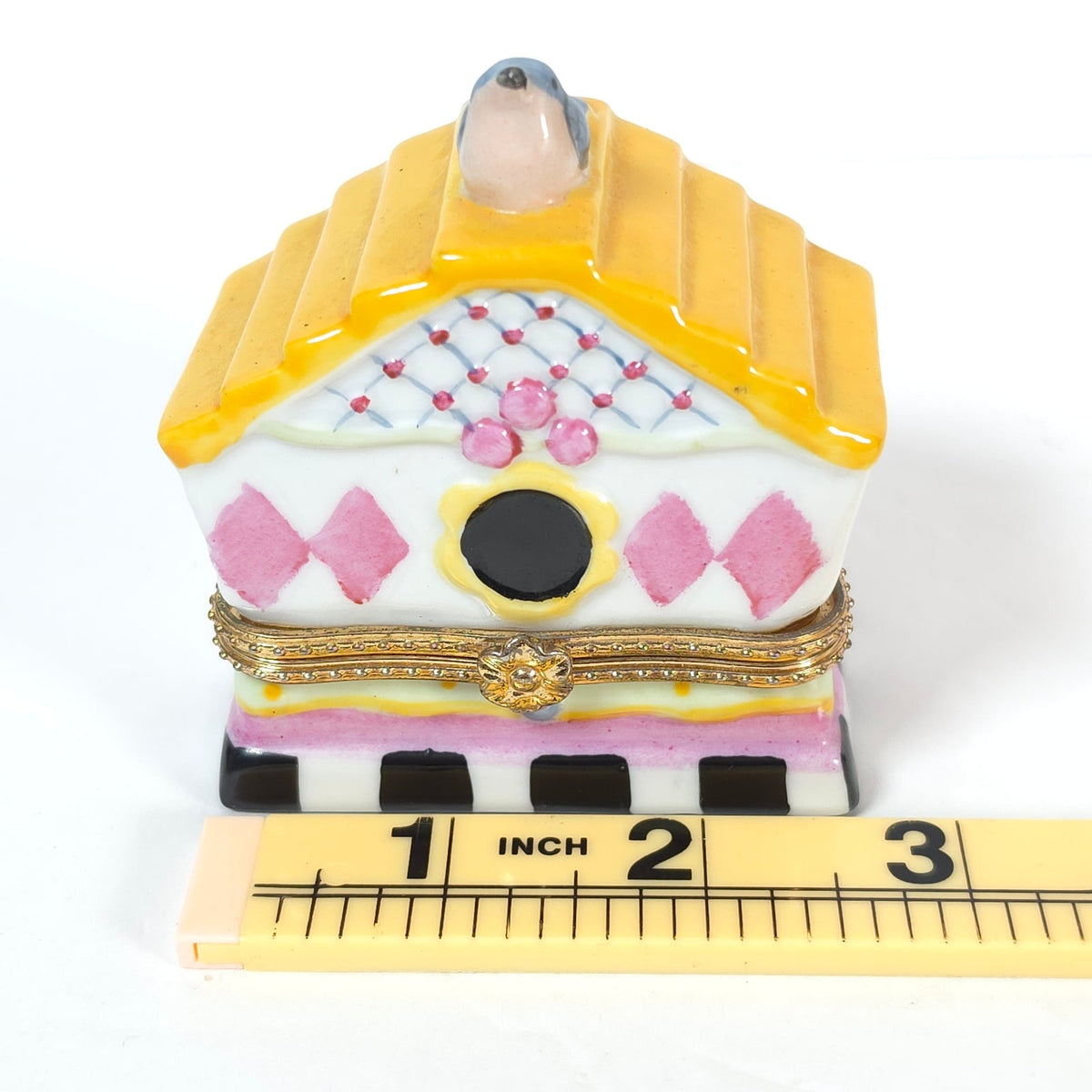 Bluebird Birdhouse Ceramic Hinged Trinket Box Yellow Roof Pink Diamonds