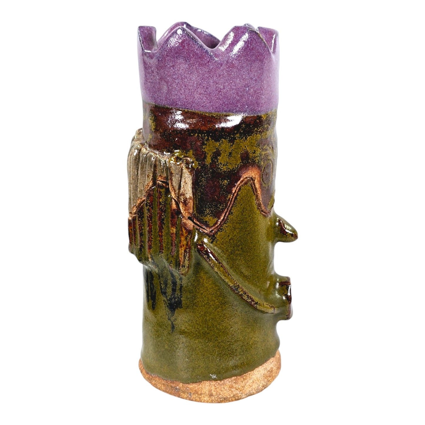 Studio Art 2 pc Heavy Pottery Odd Figure with Purple Crown, Removeable Lid and Votive Holder, 8.75" H