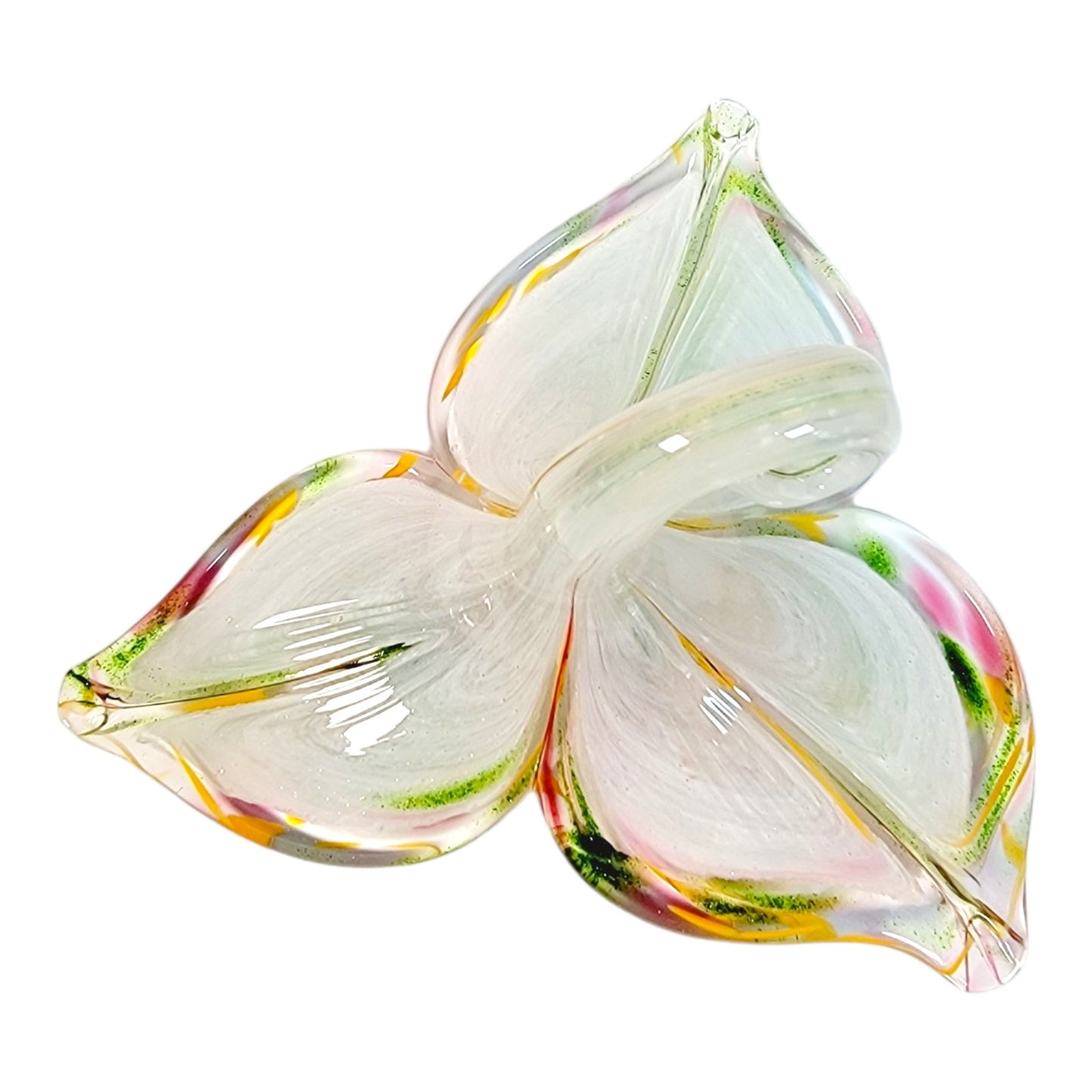 Hand-Blown Art Glass Flower with Stem in Pink, Green and Orange, 3 Leaf Flower