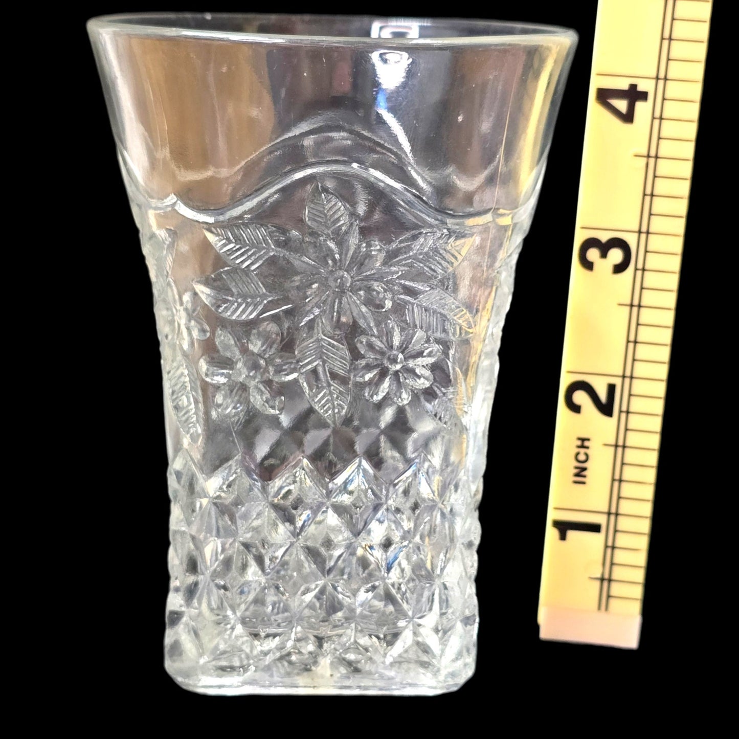 AS IS Vtg Pressed Glass Tumblers Pair 4" Daisy Diamond Pattern Clear Square Base