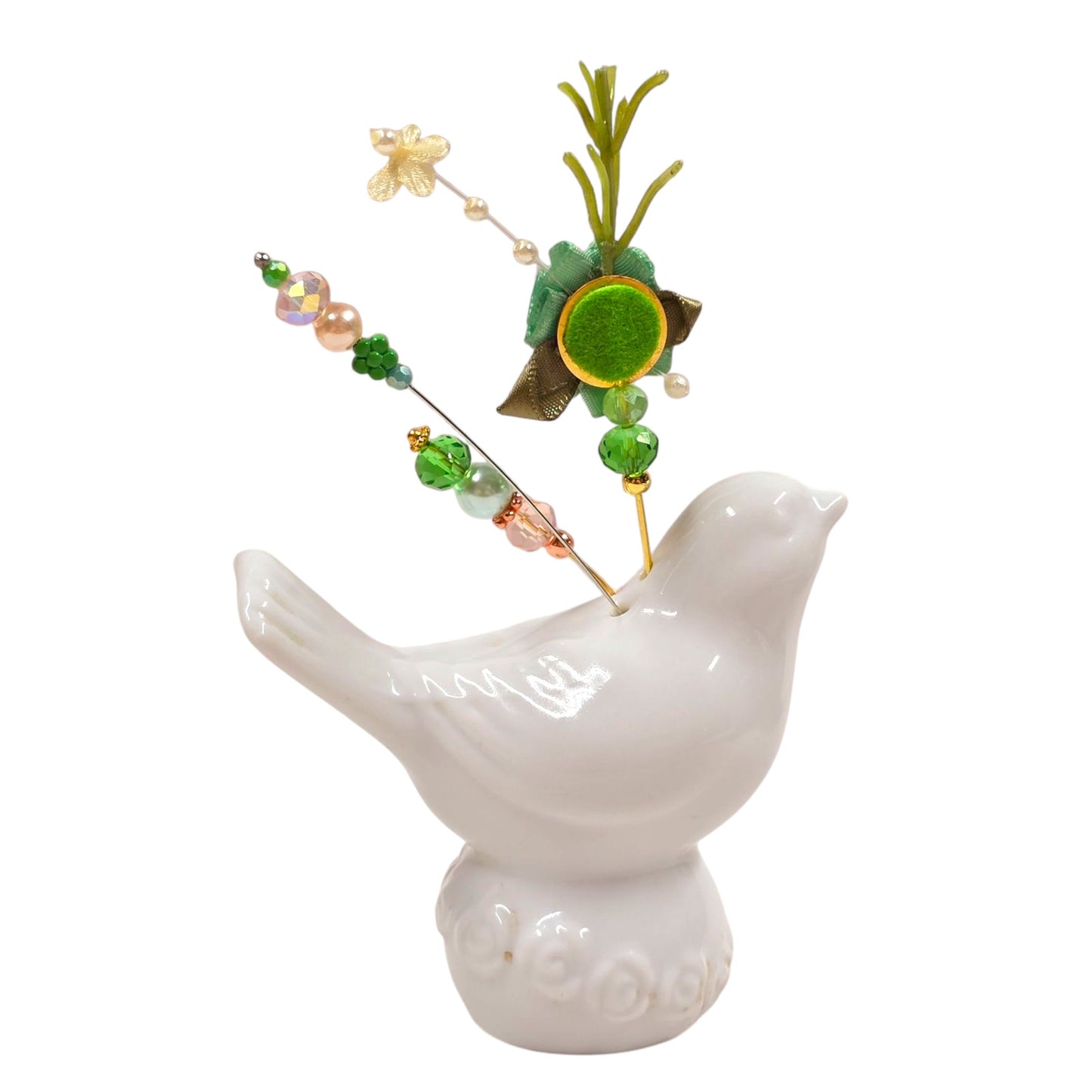 Vintage Green Floral Accent White Bird Salt Shaker Hat Pin Display