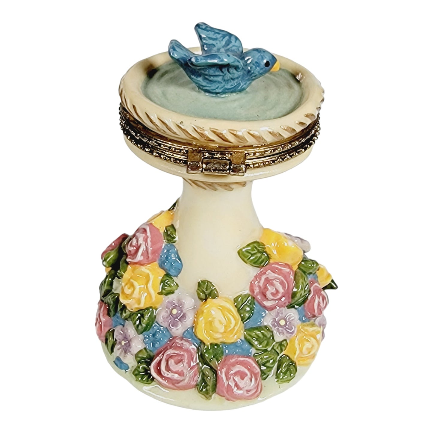 Vintage Bird Bath Trinket Box with Hinged Lid, Floral and Bluebird Design