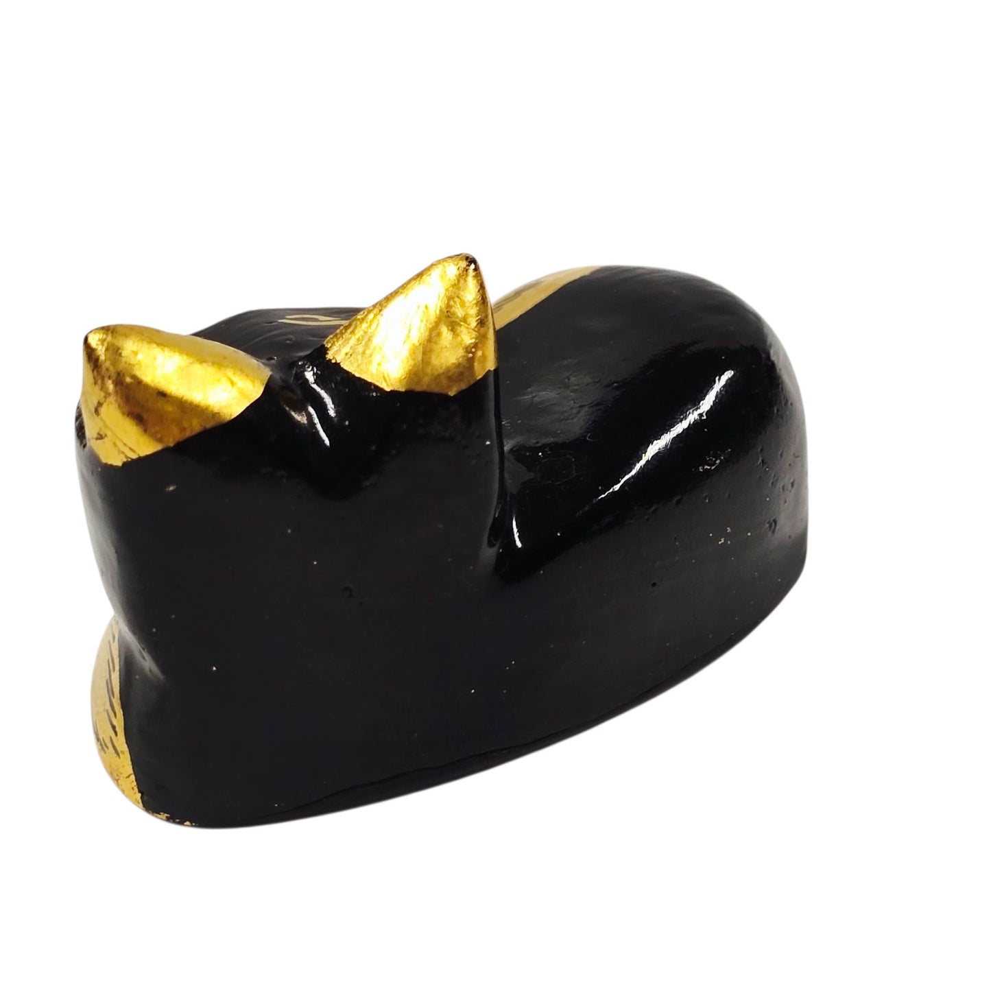 Handcrafted Black & Gold Lacquered Wooden Cat Figurine Gold Foil Accents 2"