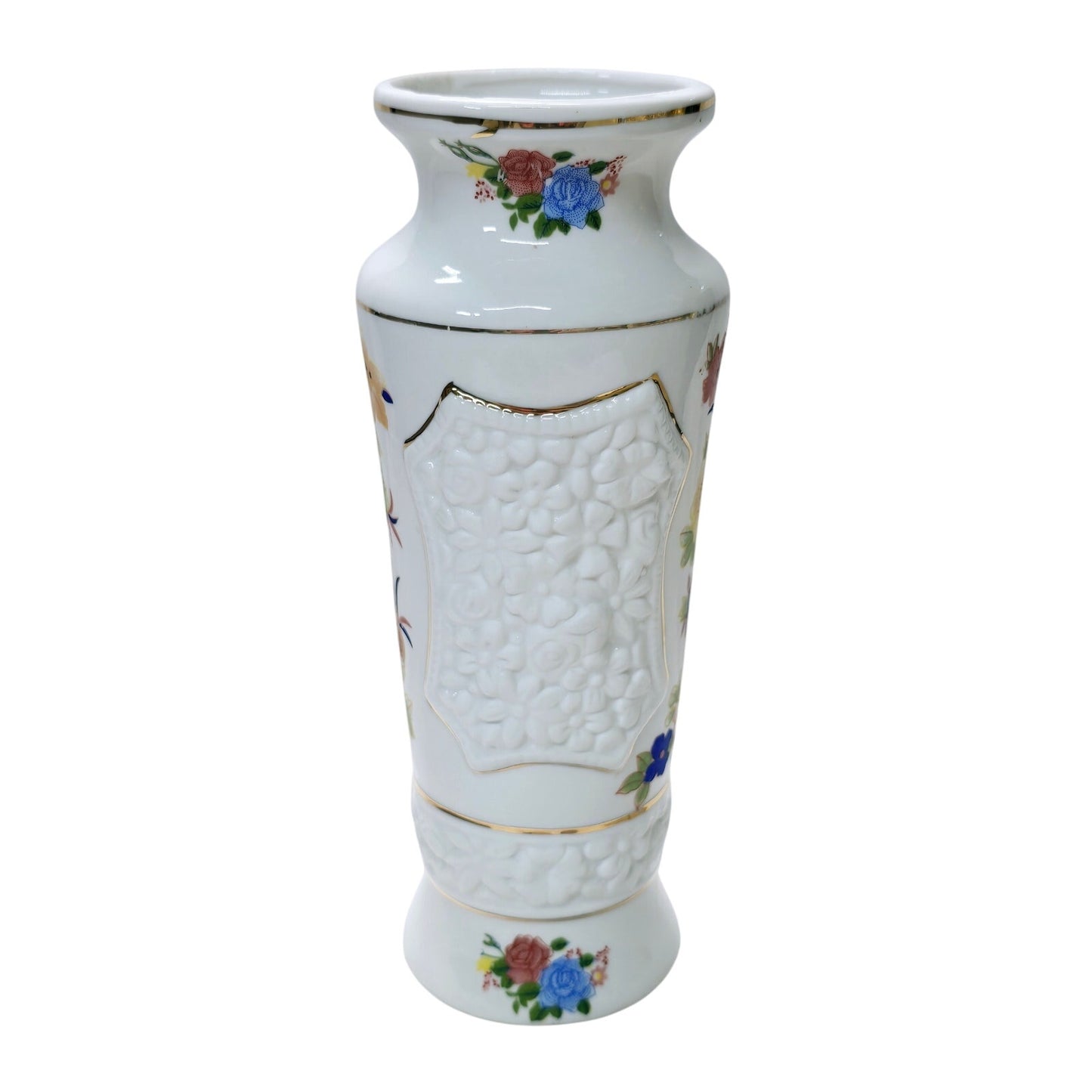 Vintage Porcelain Vase with Colorful Textured Floral Desgin Gold Trim