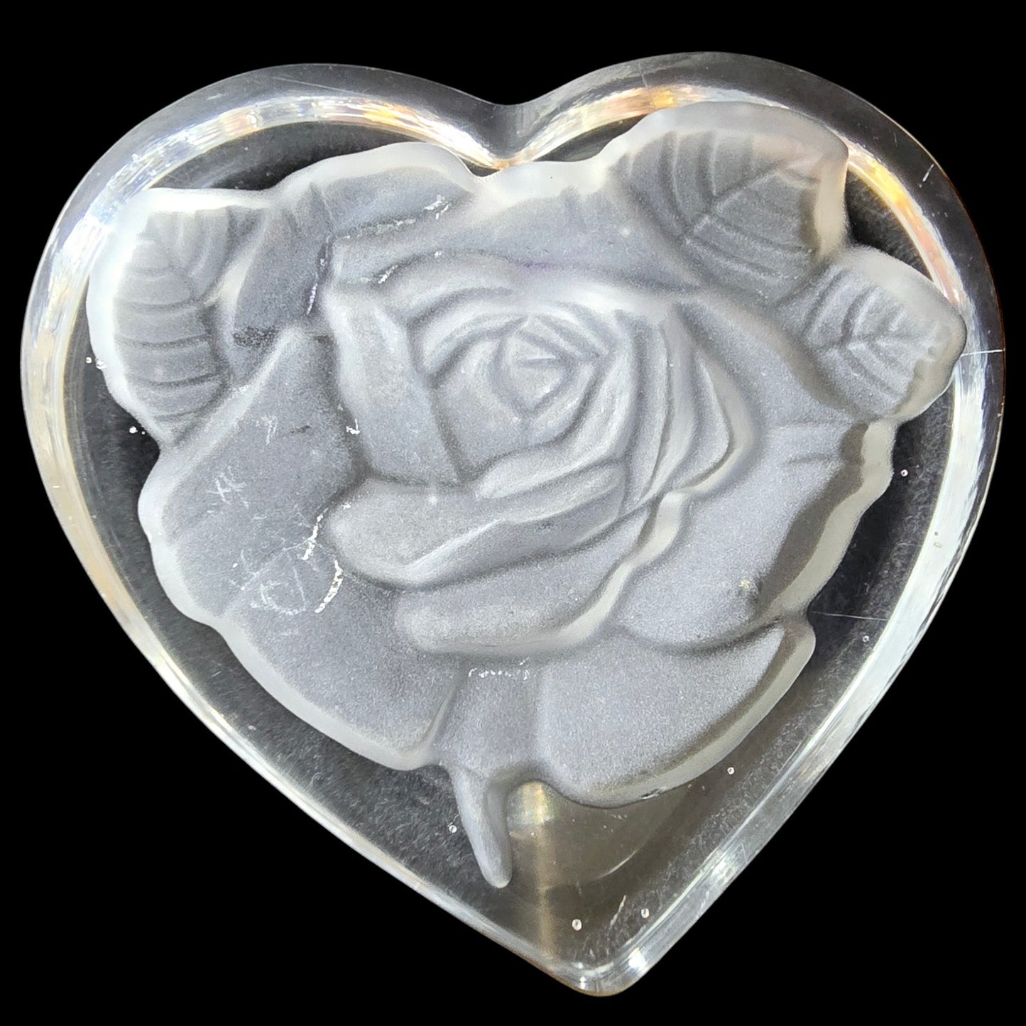 Crystal Etched Rose Heart Glass Paperweight 4" W
