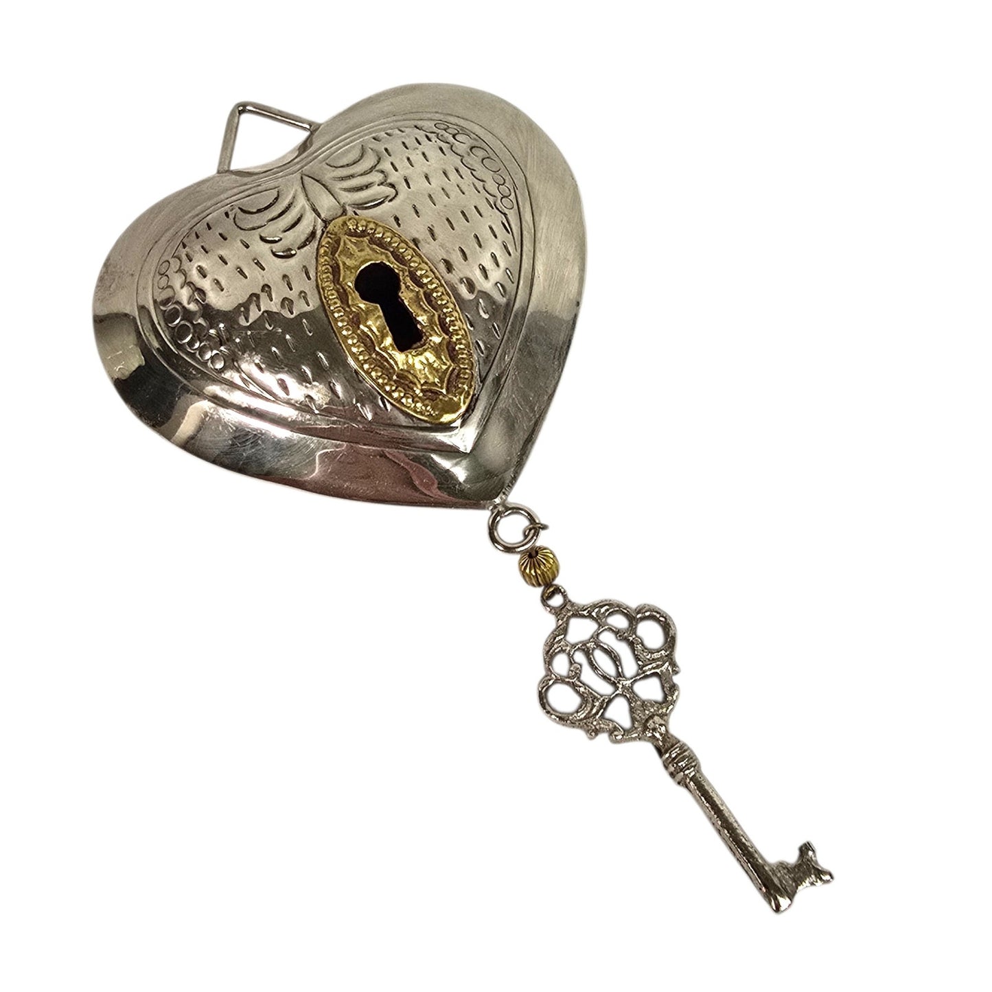 Vintage Metal Puffy Heart Hanging Decor Brass Keyhole & Hanging Skeleton Key