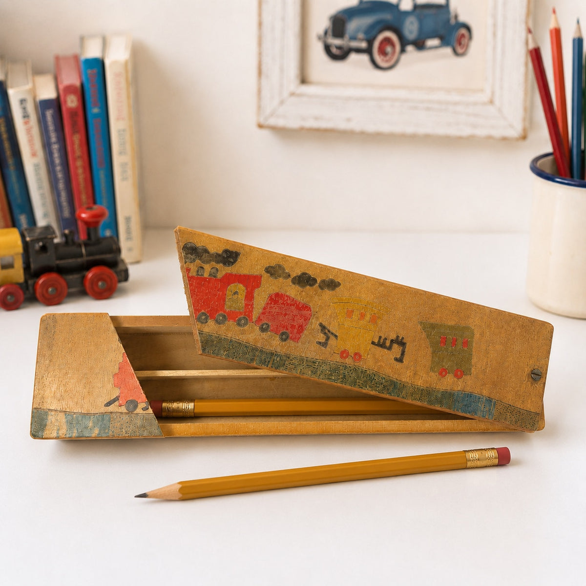 Vintage Wooden Sliding Lid Pencil Box - Hand-Painted Train Motif Mid Century 9"