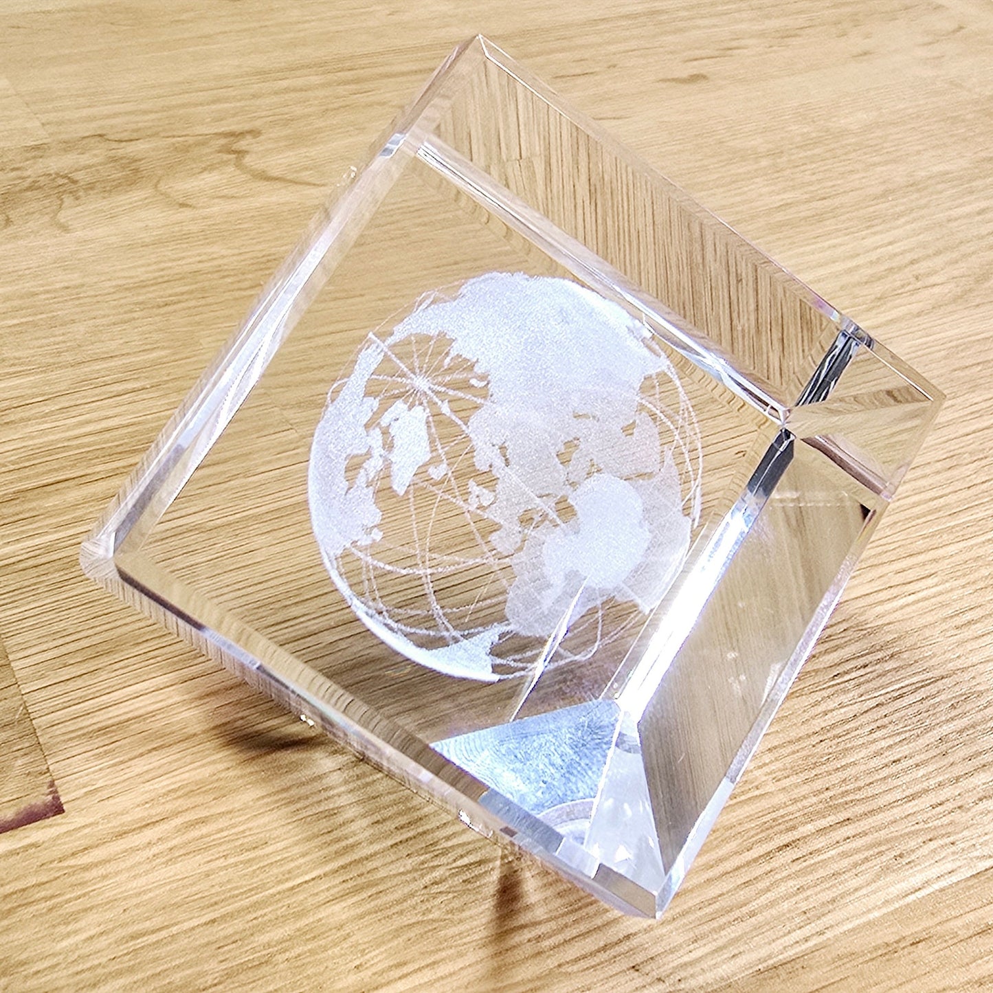 3D Laser Etched Globe Crystal Glass Cube Paperweight, Marked "Atlas"