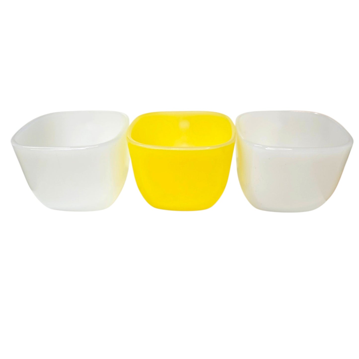 Glasbake Milk Glass Mugs Set 3 Square White Yellow USA Vintage Coffee Cups