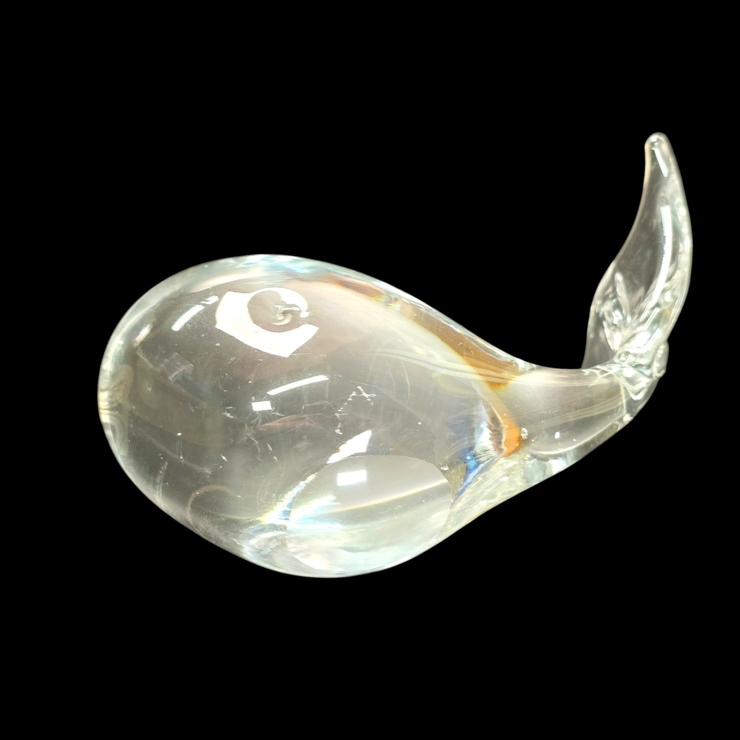 Handblown Clear Art Glass Whale, Polished Bottom, UV Glow