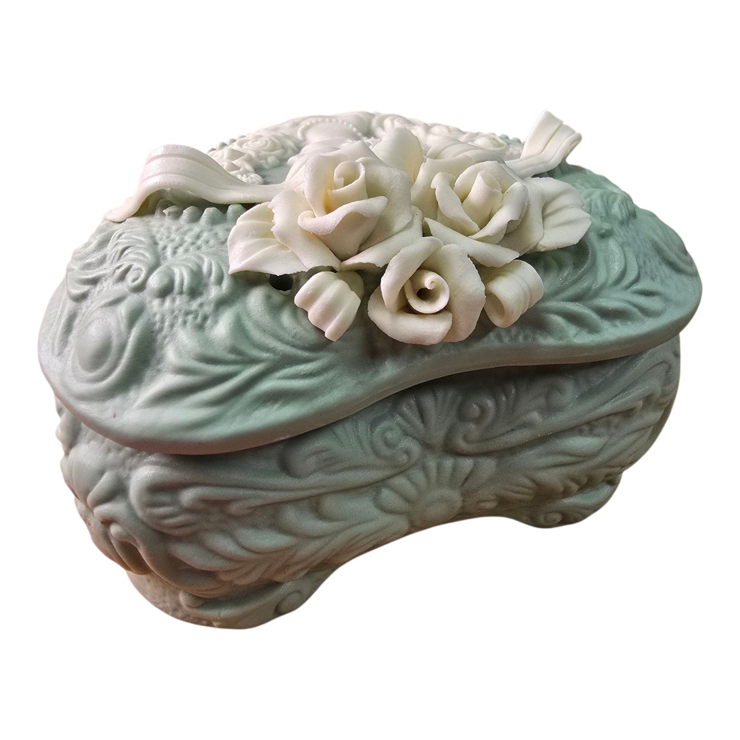 (Reserved for Customer) Large Vintage Jasperware Green Heart Shaped Dresser Box, Cameo & Floral Ribbon