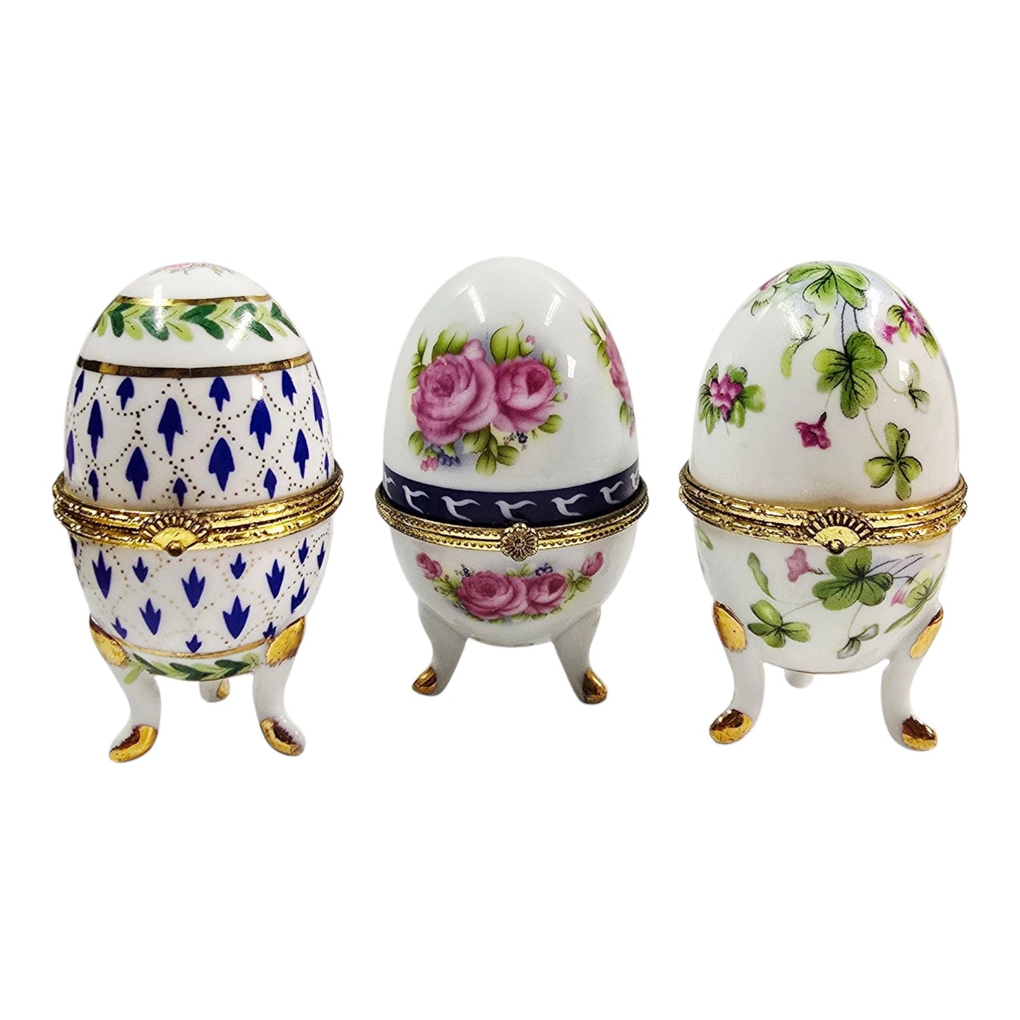Set of 3 Vintage Porcelain Footed Egg Trinket Boxes Hinged Floral Tripod Base