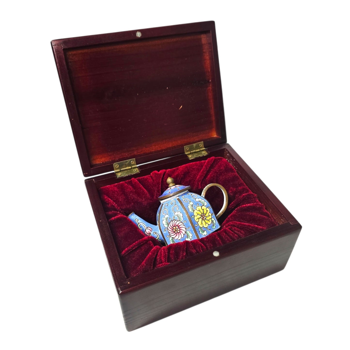 Vintage Miniature Cloisonné Enamel Teapot with Wooden Box - Lined Keepsake Set