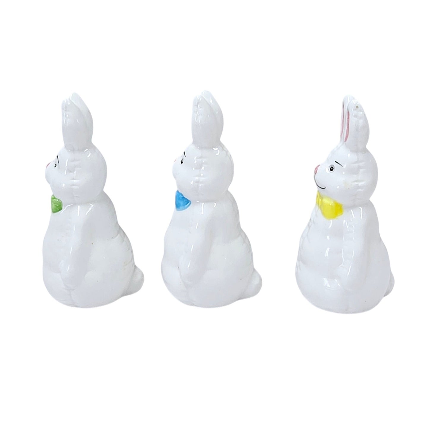 Set of 3 Vintage Ceramic Easter Bunny Figurines Hand Painted Rabbits with Bows