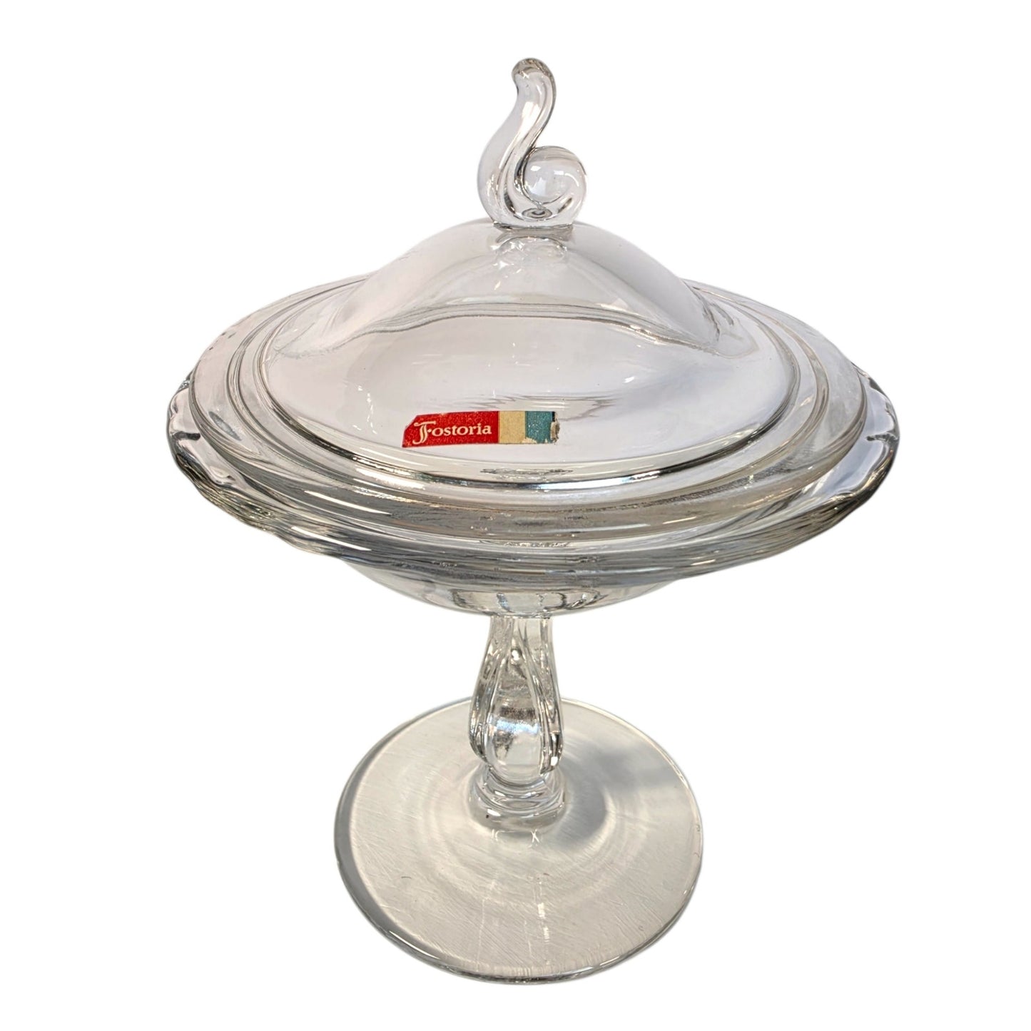 Vintage Fostoria Clear Glass Lidded Pedestal Jar UV Reactive MCM Elegant Glass