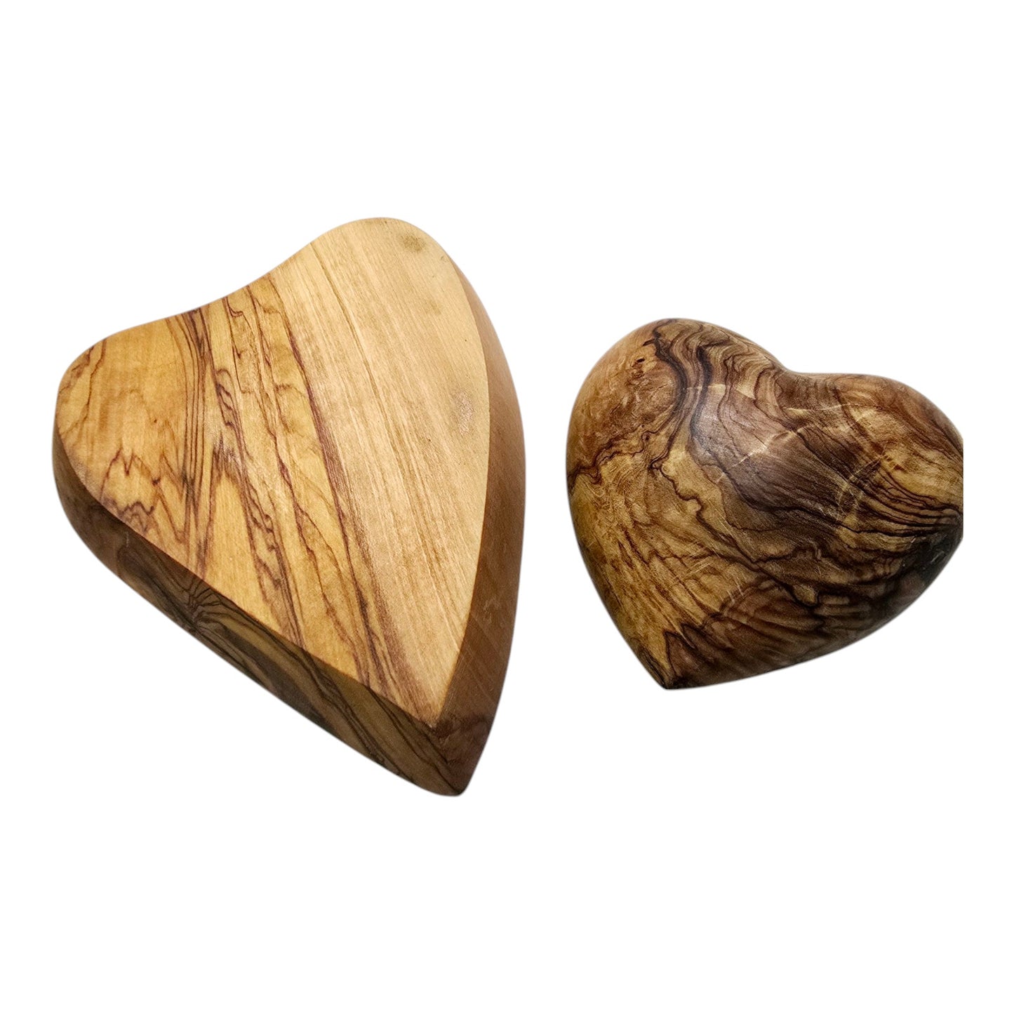 2 Hand Carved Olive Wood Hearts: 1 Puffy Heart Paperweight and 1 Trinket Dish