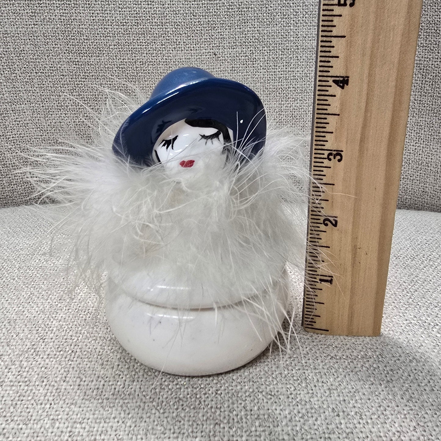 Vintage I.W. Rice Flapper Girl Powder Jar Trinket Box  in White and Blue, Read