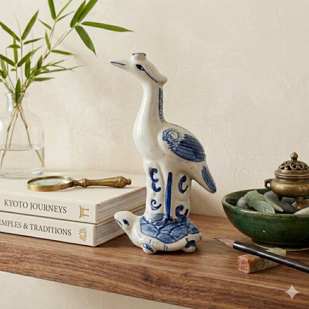 Vintage Blue & White Ceramic Crane on Turtle Figurine Asian Longevity Motif