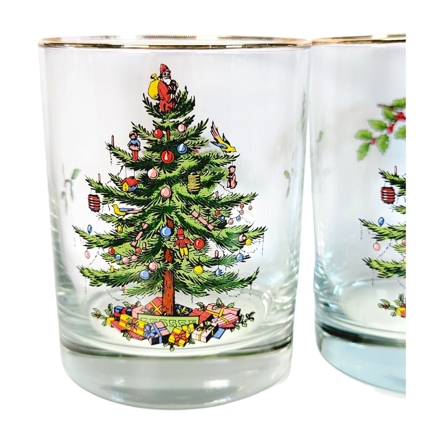 Set of 2 Spode Christmas Tree Double Old Fashioned Gold Rimmed Glasses 4"