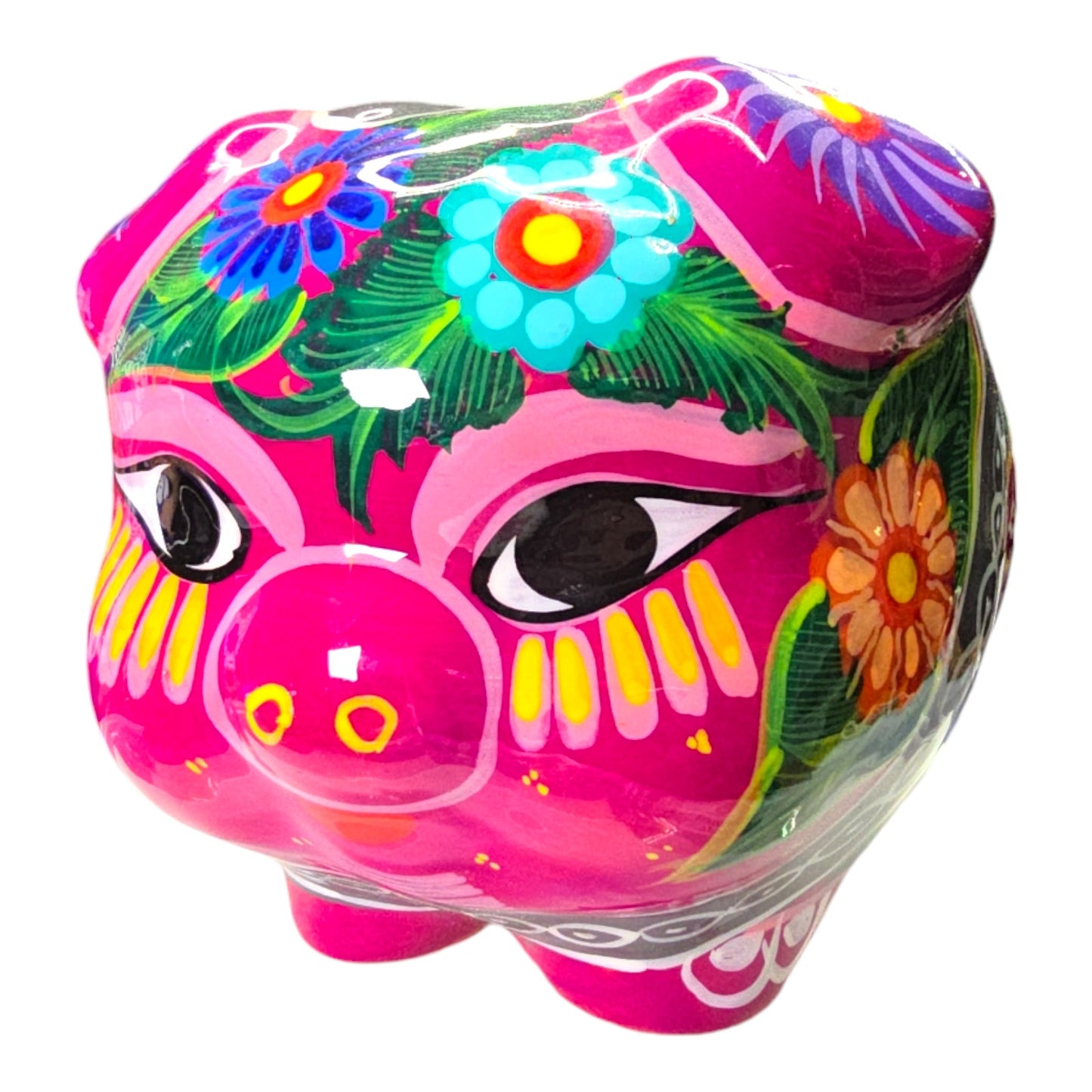 Mexican Pottery Hand-Painted Piggy Bank, Glows under Black Light