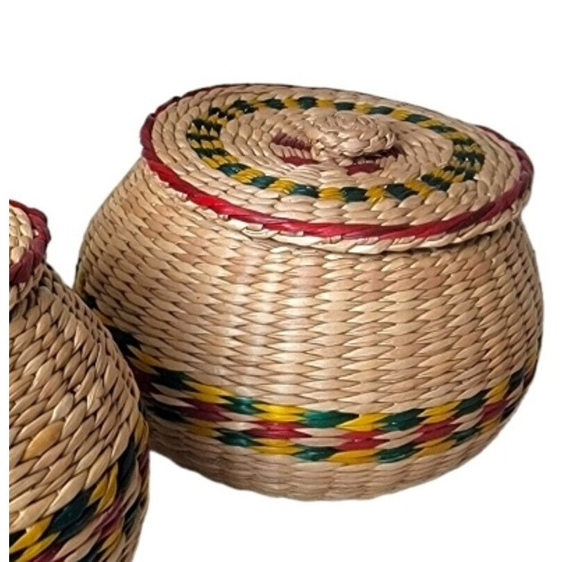 2 Small Round Woven Baskets with Lids for Storage