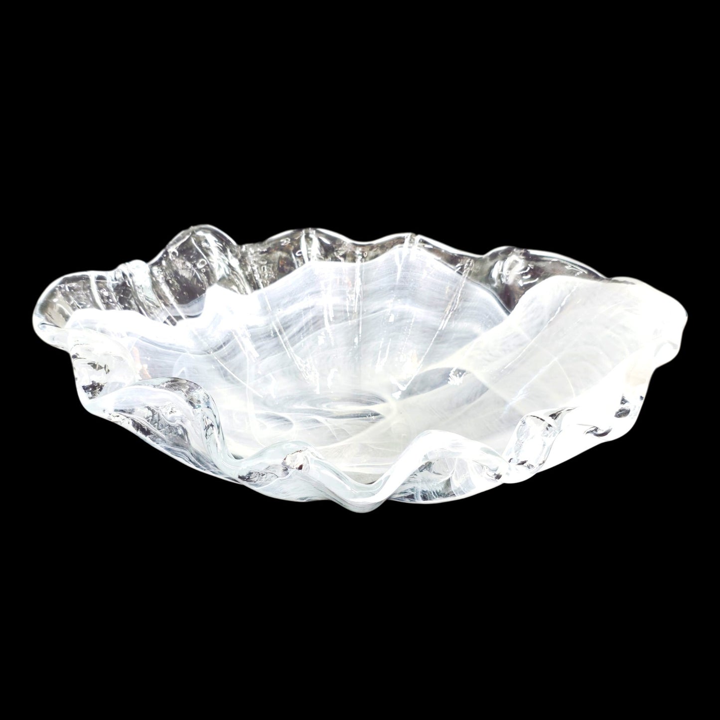Art Glass Clam Shell Bowl White Clear Swirl Pattern Decorative Shell Glass Bowl