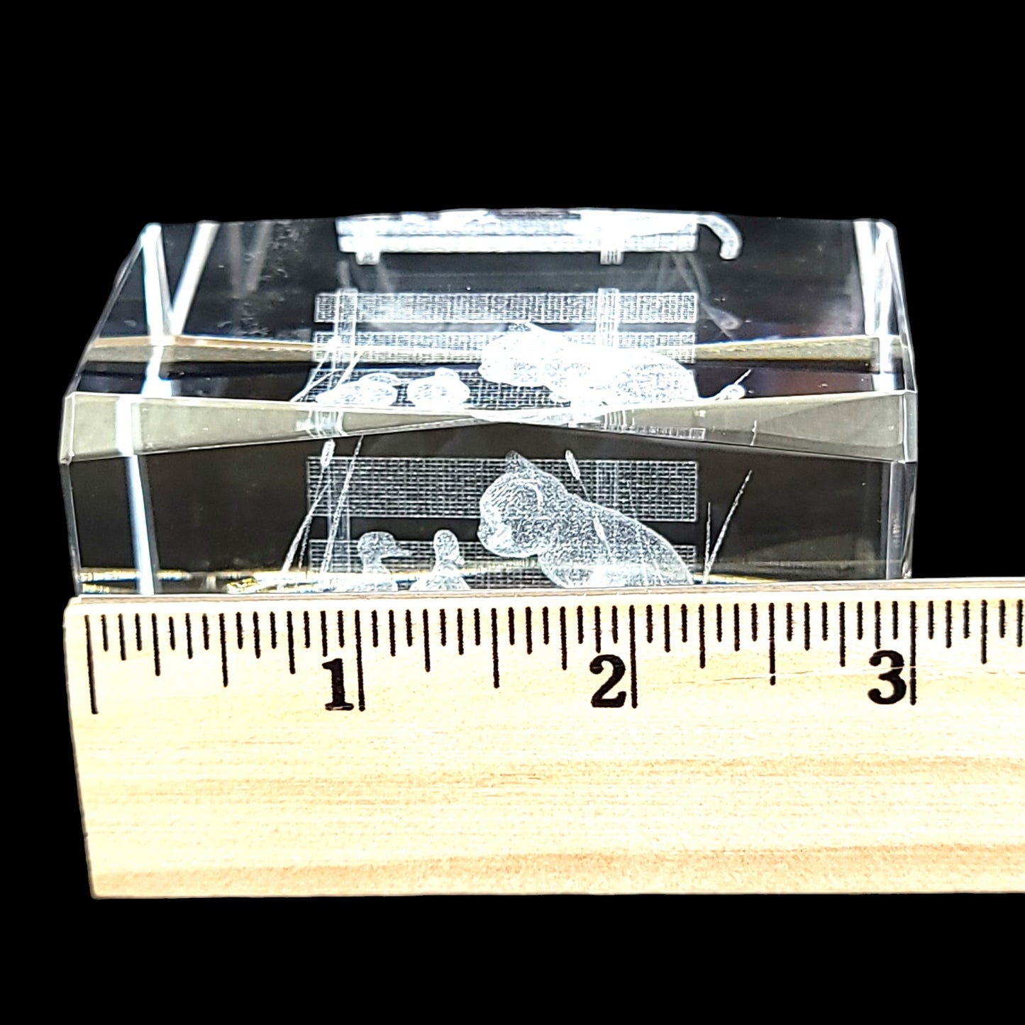 3D Laser Etched Cat on Bench with Ducks Crystal Paperweight in Box 3 x 2 x 2" Original Box